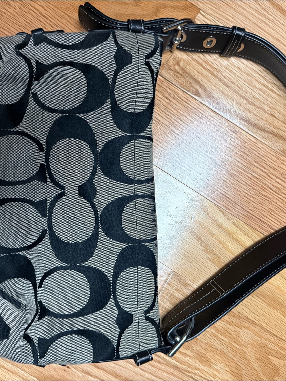 Coach Black and Gray Signature Messenger Bag with Leather Strap